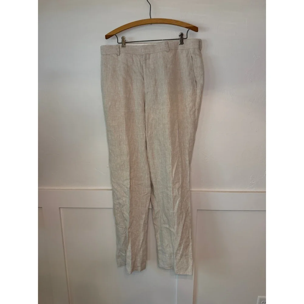 Haspel Mens 100% Linen Oxford Trousers Beige Straight Leg Pants 36 RW